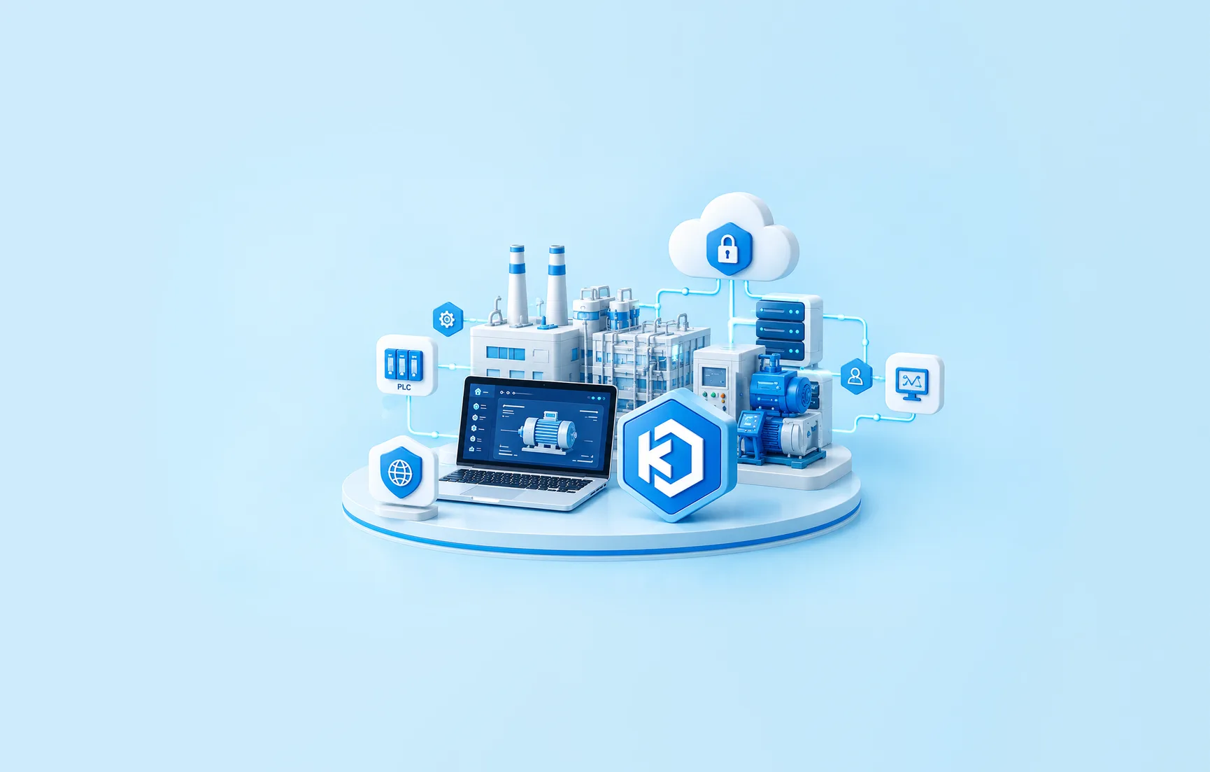 Isometric illustration of a factory, PLCs and a laptop connected through a Kasm Workspaces gateway